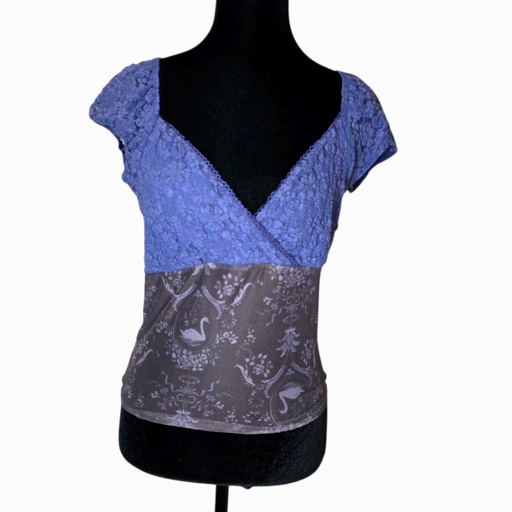 Y2K Lace Wrap Top Womens M Blue Purple Fairy Grunge Coquette Swan Print